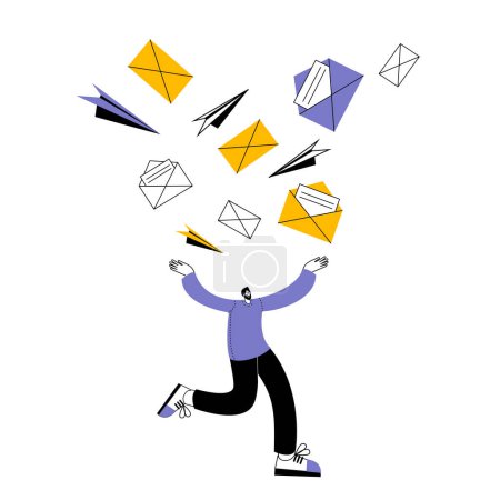 Letters are raining down on a person. Vector illustration on the topic of promotion in social networks.