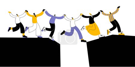 Illustration for People cross the abyss holding hands. Horizontal vector illustration on the topic of teamwork and mutual support. - Royalty Free Image