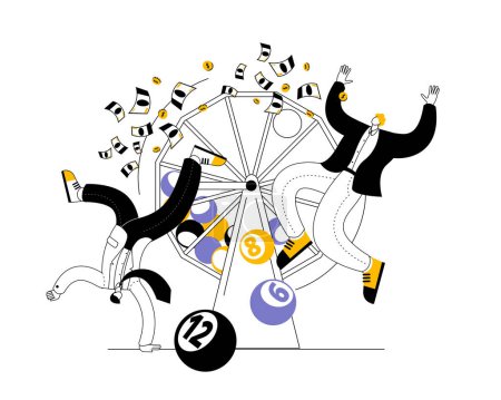 Illustration for Spinning lottery drum with numbered balls. Cheerful characters are happy to win. Drawing of prizes. Vector illustration in flat style. - Royalty Free Image