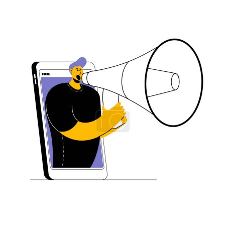Illustration for A man in casual clothes shouts into a megaphone from his phone. Illustration in a modern style on the topic of attracting attention in social networks. SMM manager. - Royalty Free Image