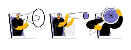 A man in a T-shirt looks through a telescope from a smartphone, shouts into a megaphone, looks through a magnifying glass. Set of vector icons on the topic of online search or strategic planning.