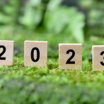 Wooden blocks with the letters 2023 on the grass. Start new year 2023 with new plan, goal concept, action plan, strategy, new year business vision.