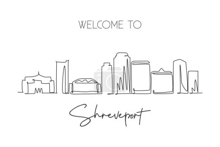 Illustration for One single line drawing Shreveport city skyline, Louisiana. World historical town landscape. Best holiday destination postcard. Editable stroke trendy continuous line draw design vector illustration - Royalty Free Image