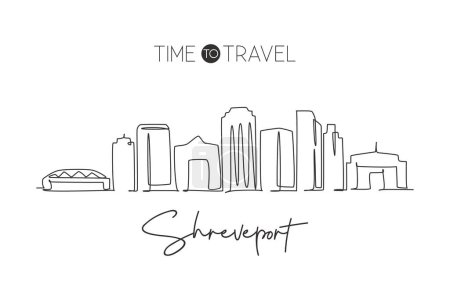 Illustration for Single continuous line drawing of Shreveport skyline, Louisiana. Famous city scraper landscape. World travel home wall decor art poster print concept. Modern one line draw design vector illustration - Royalty Free Image