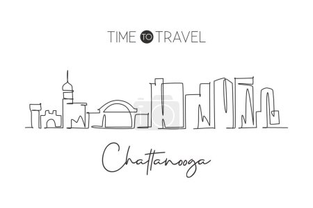 Illustration for One continuous line drawing Chattanooga city skyline, Tennessee. Beautiful landmark. World landscape tourism travel home wall decor poster print. Stylish single line draw design vector illustration - Royalty Free Image