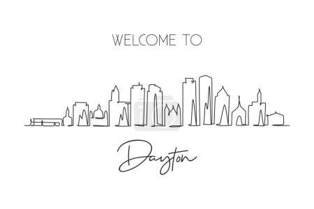 Illustration for One continuous line drawing of Dayton city skyline, Ohio. Beautiful landmark. World landscape tourism travel home wall decor poster print. Stylish single line draw design vector graphic illustration - Royalty Free Image