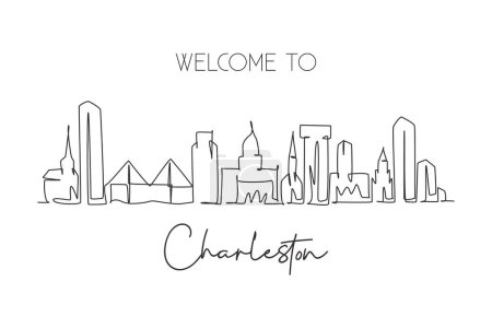 Illustration for One single line drawing Charleston city skyline South Carolina. World historic town landscape. Best holiday destination postcard. Editable stroke trendy continuous line draw design vector illustration - Royalty Free Image
