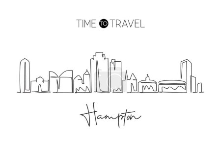 Illustration for Single continuous line drawing of Hampton skyline, Virginia. Famous city scraper landscape. World travel home wall decor art poster print concept. Modern one line draw design vector illustration - Royalty Free Image