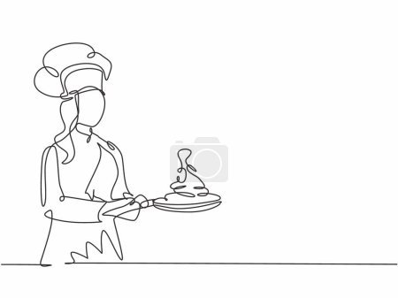 Ilustración de Dibujo de una sola línea continua de belleza joven y confiada cocinera lanzando ingrediente en la sartén mientras saltea la comida. concepto de comida saludable una línea dibujo diseño vector minimalismo ilustración - Imagen libre de derechos