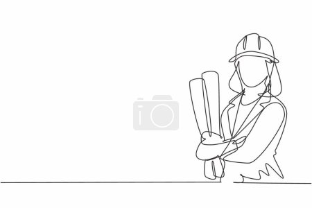 Single continuous line drawing of young female architect holding blueprint paper pose cross arms. Professional work job occupation. Minimalism concept one line draw graphic design vector illustration