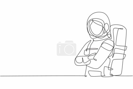 Illustration for Continuous one line drawing of young female astronaut in space suit pose cross arms on chest. Professional job profession minimalist concept. Single line draw design vector graphic illustration - Royalty Free Image