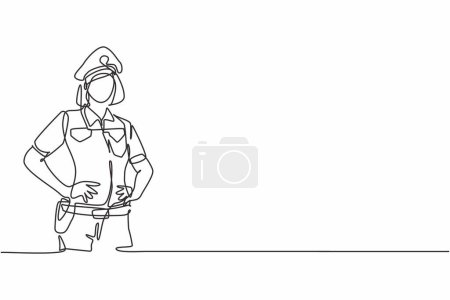 Illustration for Single continuous line drawing of young beautiful police woman on uniform holding hands on hip. Professional work job occupation. Minimalism concept one line draw graphic design vector illustration - Royalty Free Image