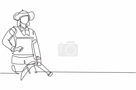 Illustration for Single continuous line drawing of young beauty brave female firefighter holding hands on hip. Professional work job occupation. Minimalism concept one line draw graphic design vector illustration - Royalty Free Image