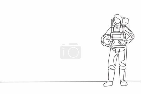 Illustration for Single continuous line drawing of young female astronaut holding helmet with hands on hip. Professional work job occupation. Minimalism concept one line draw graphic design vector illustration - Royalty Free Image