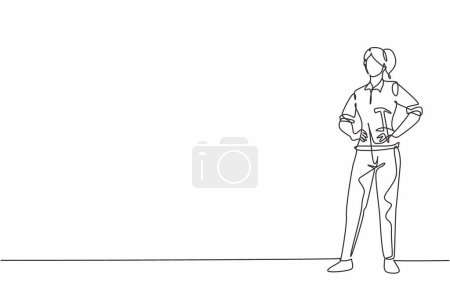 Illustration for Single one line drawing of young female beauty carpenter posing with hands on hip. Professional work profession and occupation minimal concept. Continuous line draw design graphic vector illustration - Royalty Free Image