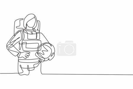 Illustration for Single continuous line drawing of young beautiful female astronaut holding hands on hip. Professional work job occupation. Minimalism concept one line draw graphic design vector illustration - Royalty Free Image