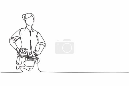Illustration for Single continuous line drawing of young beautiful and skillful handywoman holding hands on hip. Professional work job occupation. Minimalism concept one line draw graphic design vector illustration - Royalty Free Image
