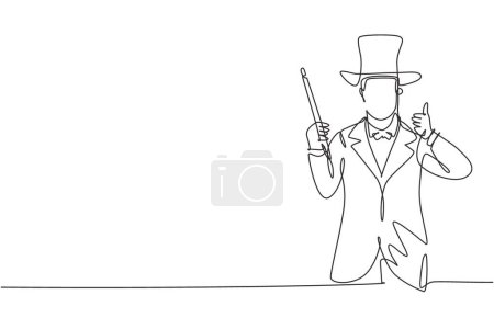Illustration for Single continuous line drawing magician with a gesture thumbs up wearing a hat and holding a magic stick ready to entertain the audience. Dynamic one line draw graphic design vector illustration. - Royalty Free Image