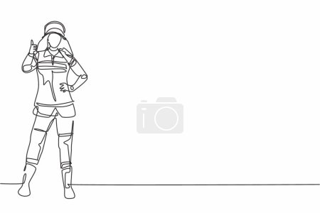Illustration for Continuous one line drawing female firefighters stood wearing helmets and uniforms complete with a thumbs-up gesture to work to extinguish the fire. Single line draw design vector graphic illustration - Royalty Free Image