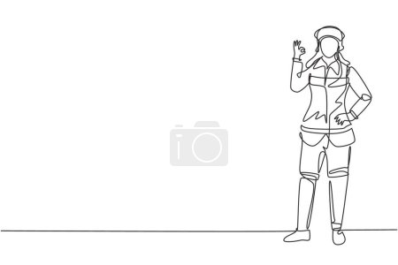 Illustration for Single one line drawing female firefighter stood wearing helmet uniform with gesture okay and hand on waist work to extinguish fire at building. Continuous line draw design graphic vector illustration - Royalty Free Image