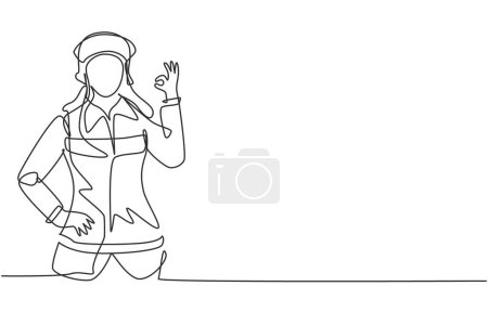 Illustration for Single one line drawing female firefighter with uniform, gesture okay and hand on waist prepare to put out the fire that burned building. Modern continuous line draw design graphic vector illustration - Royalty Free Image