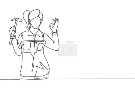 Illustration for Single one line drawing female carpenter with gesture okay works in his workshop making wooden products. Skills in using carpentry tools. Modern continuous line draw design graphic vector illustration - Royalty Free Image