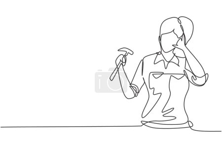 Illustration for Continuous one line drawing female carpenter with call me gesture works in her workshop making wooden products. Skills in using carpentry tools. Single line draw design vector graphic illustration - Royalty Free Image