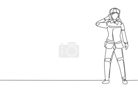 Illustration for Single continuous line drawing female firefighter stood with call me gesture, wearing helmet and uniform work to extinguish fire at building. Dynamic one line draw graphic design vector illustration - Royalty Free Image