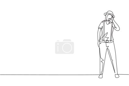Illustration for Single continuous line drawing female mime artist stands with call me gesture and white face make-up makes audience laugh with silent comedy. Dynamic one line draw graphic design vector illustration - Royalty Free Image