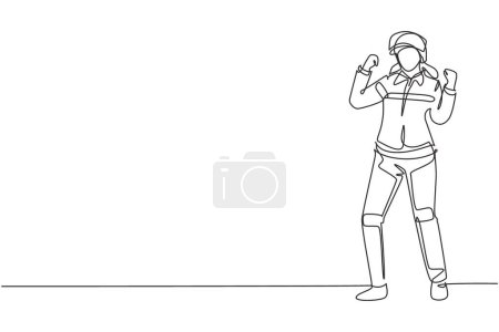 Illustration for Single continuous line drawing female firefighter stood with celebrate gesture, wearing helmet and uniform work to extinguish fire at building. Dynamic one line draw graphic design vector illustration - Royalty Free Image
