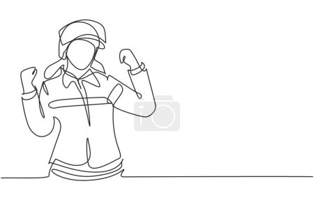 Illustration for Single one line drawing female firefighter with celebrate gesture, uniform and wearing helmet prepare to put out the fire that burned building. Continuous line draw design graphic vector illustration - Royalty Free Image
