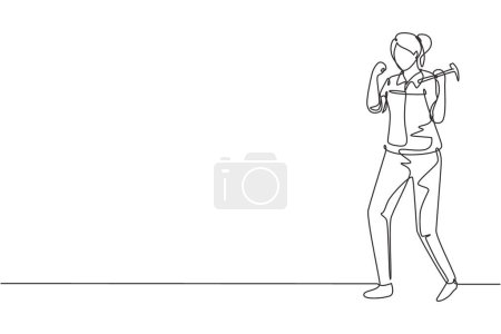 Illustration for Continuous one line drawing female carpenter standing with celebrate gesture works for wood industry and must be skilled at using carpentry tools. Single line draw design vector graphic illustration - Royalty Free Image