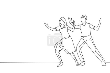 Illustration for Single continuous line drawing people dancing salsa. Couples, man and woman in dance. Pairs of dancers with waltz tango and salsa styles moves. Dynamic one line draw graphic design vector illustration - Royalty Free Image