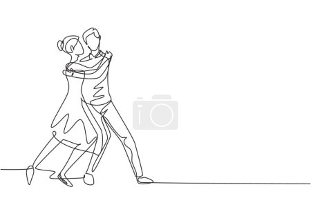 Ligne continue simple dessinant l'homme et la femme exécutant la danse à l'école, studio, partie. Personnages masculin et féminin dansant le tango à Milonga. Illustration vectorielle de dessin graphique dynamique à une ligne