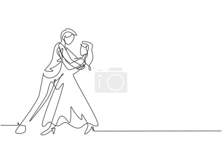Illustration for Single one line drawing man and woman romantic professional dancer couple dancing tango, waltz dances on dancing contest dancefloor. Modern continuous line draw design graphic vector illustration - Royalty Free Image