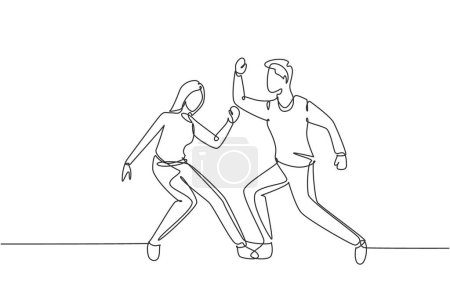 Illustration for Continuous one line drawing man and woman dancing Lindy hop or Swing. Male and female characters performing dance at school or party. Fun lifestyle. Single line draw design vector graphic illustration - Royalty Free Image