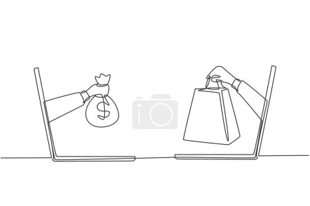 Illustration for Single one line drawing two hands out of the laptop screen to exchange shopping bags with money bag. Sale, digital payment concept. Modern continuous line draw design graphic vector illustration - Royalty Free Image