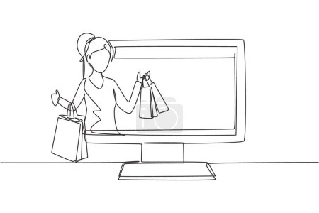 Continuous one line drawing young woman coming out of monitor screen holding shopping bags. Sale, digital lifestyle, consumerism and people concept. Single line draw design vector graphic illustration