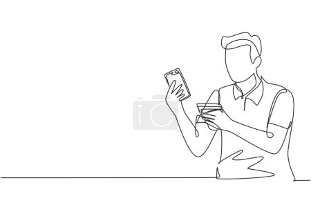 Ilustración de Una sola línea dibujar joven sentado en la silla y escribir introduciendo el código de tarjeta de crédito en el ordenador portátil alrededor del escritorio. Concepto de pago digital. Moderna línea continua dibujo diseño gráfico vector ilustración - Imagen libre de derechos