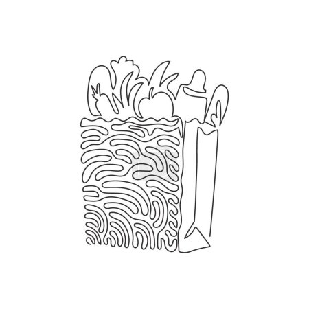 Ilustración de Continuo una línea de dibujo bolsa de comestibles con verduras. Paquete de papel con productos agrícolas y frutas. Bolsa de papel en estilo rizo remolino. Ilustración gráfica vectorial de diseño de línea única - Imagen libre de derechos
