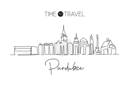 Illustration for Single continuous line drawing Pardubice city skyline, Czech Republic. Famous city scraper landscape. World travel home wall decor art poster concept. Modern one line draw design vector illustration - Royalty Free Image