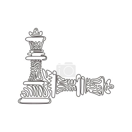 Single one line drawing figures of wooden chess on chessboard. King, queen of opposing team's. Composition for tourney. Swirl curl style. Modern continuous line draw design graphic vector illustration