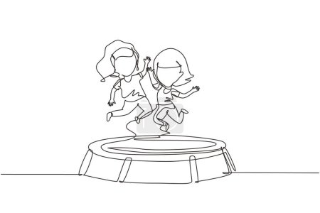 Ilustración de Una sola línea continua dibujando a dos niñas saltando juntas sobre un trampolín. Niños felices saltando en el trampolín redondo. Juegos activos para niños al aire libre. ilustración vectorial de diseño gráfico de una línea - Imagen libre de derechos