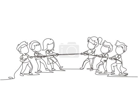 Illustration for Continuous one line drawing group of children playing tug of war. Kids playing tug of war at park. Girls and boys pull rope, outdoor child games. Single line draw design vector graphic illustration - Royalty Free Image