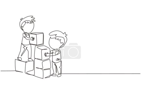 Single one line drawing two little boys playing blocks toys together. Educational toys. Children playing designer cubes, developmental constructor. Continuous line design graphic vector illustration