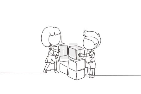 Une seule ligne dessinant petit garçon et fille jouant blocs cube jouets ensemble. Les enfants jouent avec des jouets en brique. Des jouets éducatifs. Les enfants jouent des cubes de bloc. Vecteur graphique de dessin en ligne continue