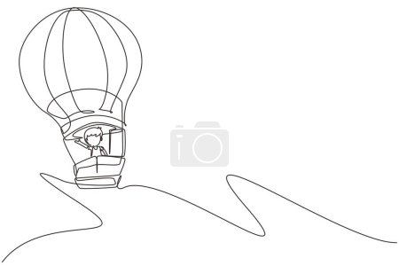 Illustration for Single one line drawing little boy aeronaut in hot-air balloon at sky. Happy kids riding hot air balloon. Children on hot air balloon adventure. Continuous line draw design graphic vector illustration - Royalty Free Image