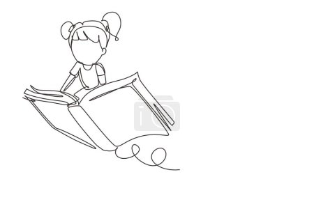 Illustration for Single continuous line drawing little girl student or preschooler flying on magic book. Happy kids flying on the book. Knowledge power concept. Dynamic one line draw graphic design vector illustration - Royalty Free Image
