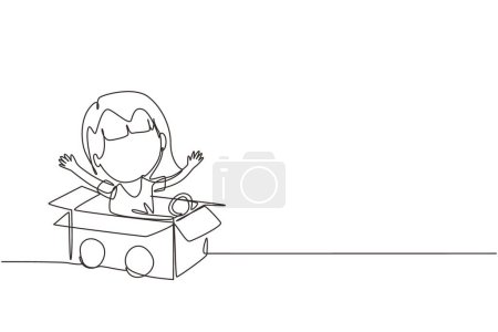 Illustration for Continuous one line drawing girl driving cardboard car. Happy child ride on toy car made of cardboard. Creative kids plays with her cardboard car. Single line draw design vector graphic illustration - Royalty Free Image