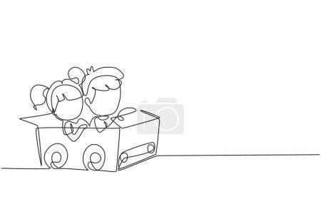 Illustration for Single one line drawing boy and girl driving with cardboard car. Happy child ride on toy car made of cardboard. Creative kids plays with her cardboard car. Continuous line draw design graphic vector - Royalty Free Image
